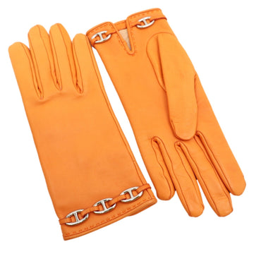 HERMES Shane Dunkle Leather Gloves Women's Orange 6.5