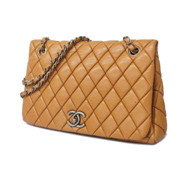 Chanel Matelasse W-chain Women's Leather Shoulder Bag Brown