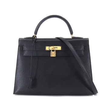 HERMES Kelly 32 2way hand shoulder bag Ardennes black 〇X stamp outside stitching gold hardware