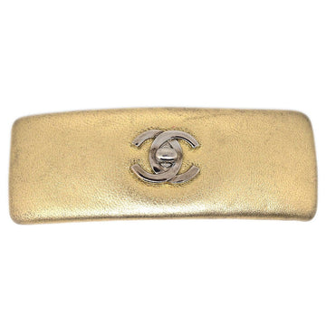 CHANEL 1986-1994 gold leather cc turnlock hair barrette clip 42541