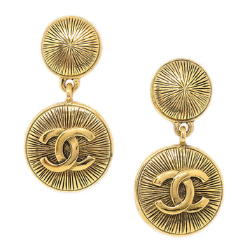 CHANEL 1986-1994 Medallion Dangling Earrings Gold Clip-On 17418