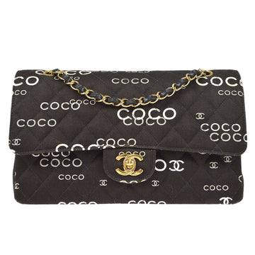 CHANEL 2001-2003 COCO patterned Classic Double Flap Medium Black Canvas 47523