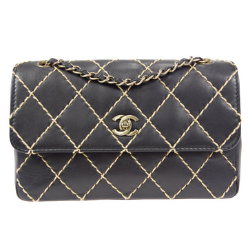 CHANEL Wild Stitch Classic Single Flap Shoulder Bag Black Calf 48739