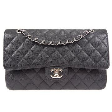 CHANEL Classic Double Flap Medium Shoulder Bag Black Caviar 27488