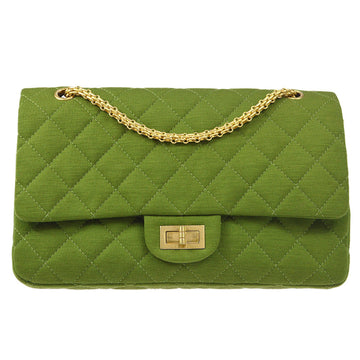 CHANEL 2.55 Line Double Flap Shoulder Bag Green Cotton 58013