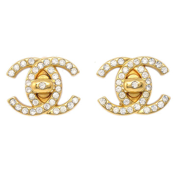 CHANEL Rhinestone Turnlock Earrings Clip-On Gold 96A 58285