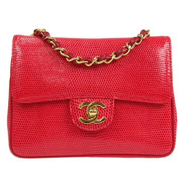 CHANEL * Classic Flap Mini Square Chain Shoulder Bag Red Lizard 76917