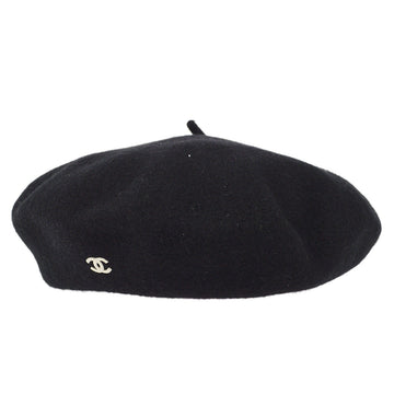 CHANEL 1998 CC Wool Hat Beret Black 66606