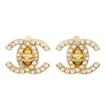 CHANEL Rhinestone Turnlock Earrings Clip-On Gold 96A 38180