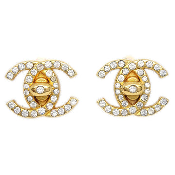 CHANEL Rhinestone Turnlock Earrings Clip-On Gold 96A 73693