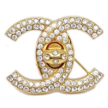 CHANEL Turnlock Rhinestone Brooch Pin Gold 97P 34336