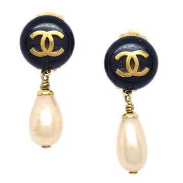 CHANEL Imitation Pearl Dangle Earrings Clip-On Black 93A 66797