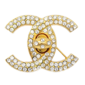 CHANEL Turnlock Rhinestone Brooch Pin Gold 96A 75119