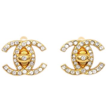 CHANEL Rhinestone Turnlock Earrings Clip-On Gold 96A 76998