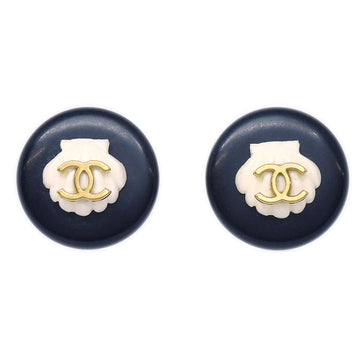 CHANEL Button Shell Earrings Black Clip-On 96C 77068