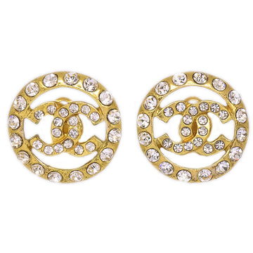 CHANEL Button Rhinestone Earrings Clip-On Gold 87959