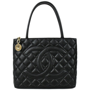 CHANEL★ Medallion Quilted Tote Handbag Black Caviar 97641