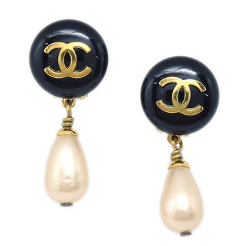 CHANEL Artificial Pearl Dangle Earrings Clip-On Black 95P 66521