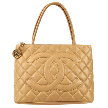 CHANEL Medallion Tote Handbag Beige Caviar 67831