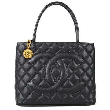 CHANEL★ Medallion Tote Handbag Black Caviar 67913