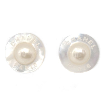 CHANEL Artificial Pearl Button Earrings Shell Clip-On 96C 97505