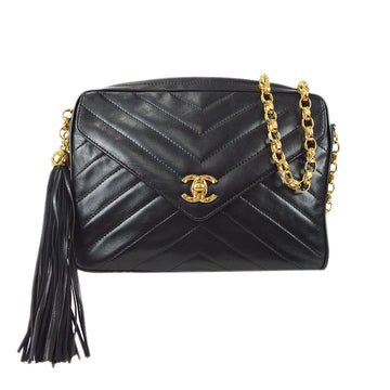 CHANEL V Stitch Bijou Chain Shoulder Bag Fringe Black Lambskin 87768