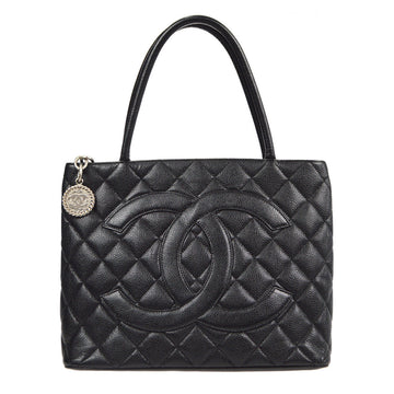 CHANEL Medallion Tote Handbag Black Caviar 67860