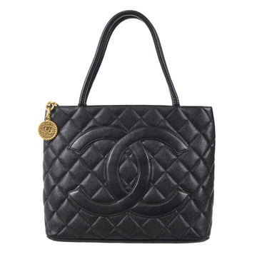 CHANEL Medallion Tote Handbag Black Caviar 67861