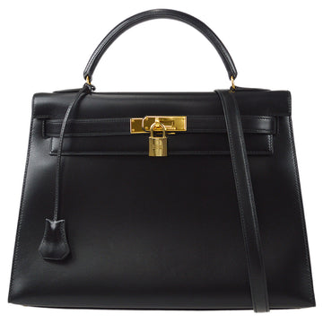 HERMES 1971 Kelly 32 Sellier Black Box Calf 67789