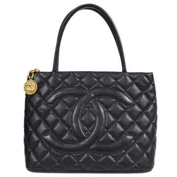 CHANEL Medallion Tote Handbag Black Caviar 98071