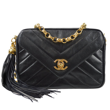 CHANEL V Stitch Bijou Chain Shoulder Bag Fringe Black Lambskin 97651