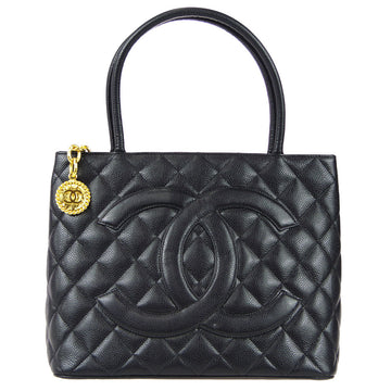 CHANEL Medallion Tote Handbag Black Caviar 68796