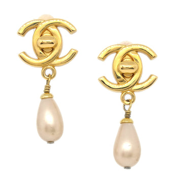 CHANEL Turnlock Artificial Pearl Earrings Clip-On Gold 96A 78814