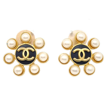 CHANEL Earrings Black Gold Clip-On 95A Artificial Pearl 97888