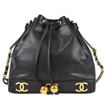 CHANEL Triple CC Drawstring Chain Shoulder Bag Black Caviar 97337