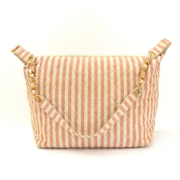 CHANEL Pink x Beige Stripe Canvas Large Shoulder Tote Bag