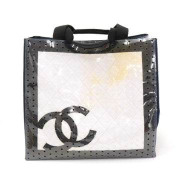 CHANEL XL White x Black Cotton x Vinyl Tote Hand Bag