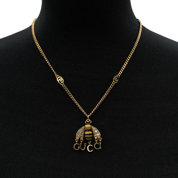 GUCCI Aged Gold Metal Bee Necklace Gg Chain With Crystal