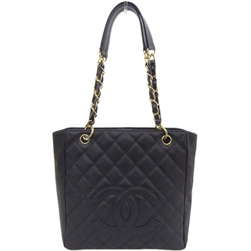 CHANEL Around 2003 Made Caviar Skin Cc Mark Stitch Cain Tote Bag Black