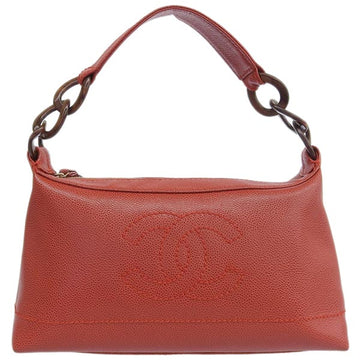 CHANEL Around 2002 Made Caviar Skin Cc Mark Stitch Wood Chain Top Handle Bag Red