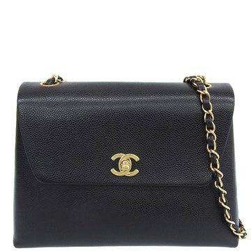 CHANEL Around 1998 Made Caviar Skin Turn-Lock Chain Shoulder Bag Black