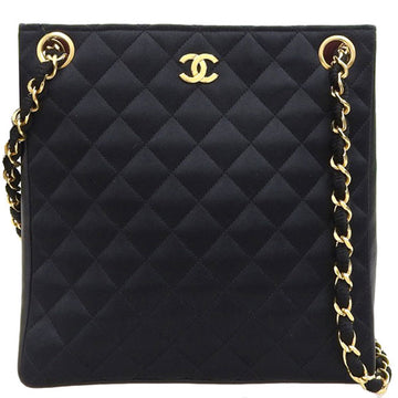 CHANEL Around 1985~1990 Made Silk Satin Leather Combination Cc Mark Plate Chain Tote Bag Black