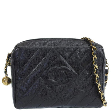 CHANEL Around 1995 Made Caviar Skin Cc Mark Stitch Ball Charm Chain Shoulder Bag Black