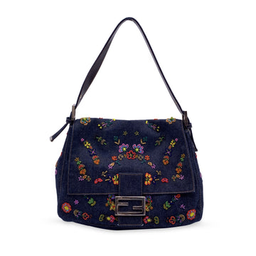 FENDI Blue Embroidery Beads Denim Mama Bag Shoulder Bag