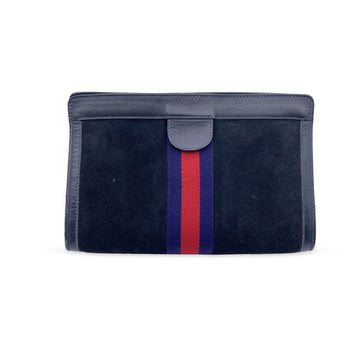 GUCCI Vintage Blue Suede Cosmetic Bag Clutch Web Stripes With Box