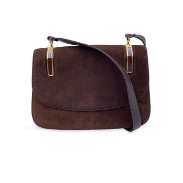 GUCCI Vintage Brown Suede Flap Shoulder Bag With Enamel