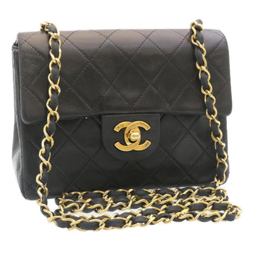 CHANEL Mini Matelasse Chain Flap Shoulder Bag Lamb Skin Black Gold Auth 29069A