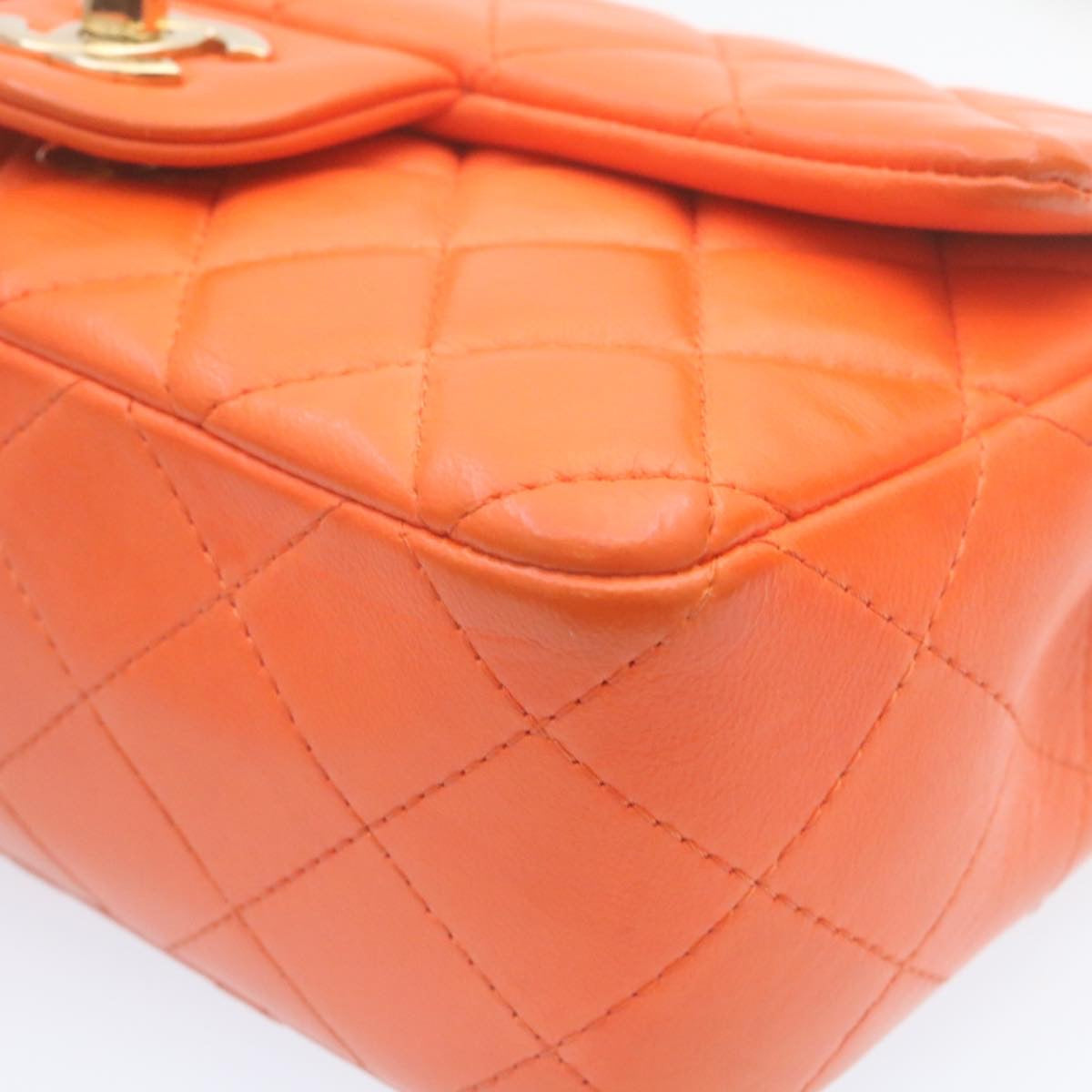 CHANEL Matelasse Mini Chain Flap Classic Shoulder Bag Lamb Skin Orange CC  29106A