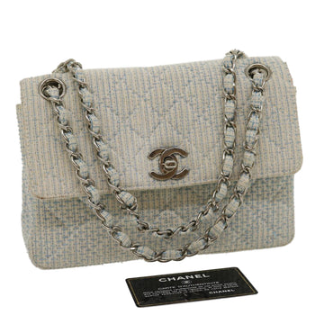 CHANEL Matelasse Tweed Turn Lock Chain Shoulder Bag White Light Blue Auth 29960A