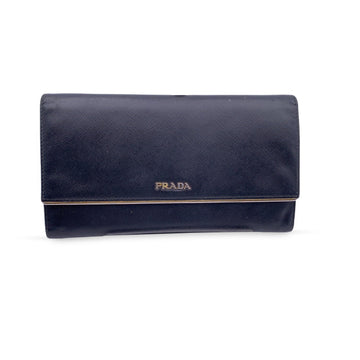 Prada Blue Saffiano Lux Leather Metal Bar Flap Continental Wallet